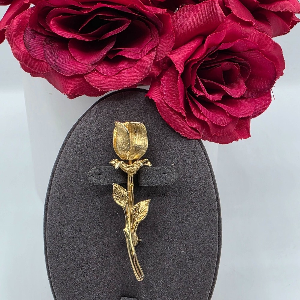 Vintage Tanner II Gold Tone Rose Brooch Long Stem Floral Signed‎ Pin Exquisite